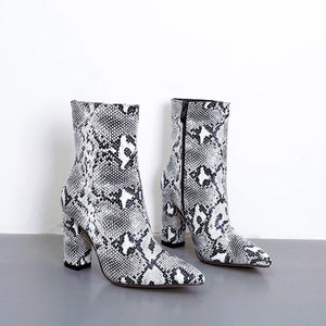 Women Snakeskin Boots Block Square Heels