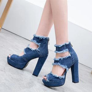 Women Blue Denim Peep Toe Ankle Strap High Heels Sandals