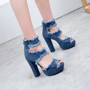 Women Blue Denim Peep Toe Ankle Strap High Heels Sandals