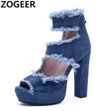 Women Blue Denim Peep Toe Ankle Strap High Heels Sandals