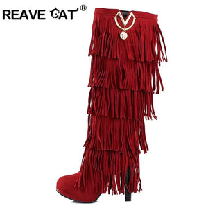 New Flock Plus Size Fringe Tassel Winter High Heel Bootsl