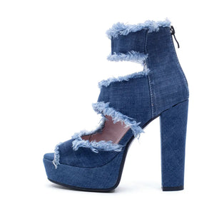 Women Blue Denim Peep Toe Ankle Strap High Heels Sandals