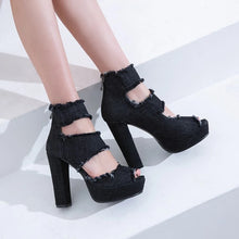 Women Blue Denim Peep Toe Ankle Strap High Heels Sandals