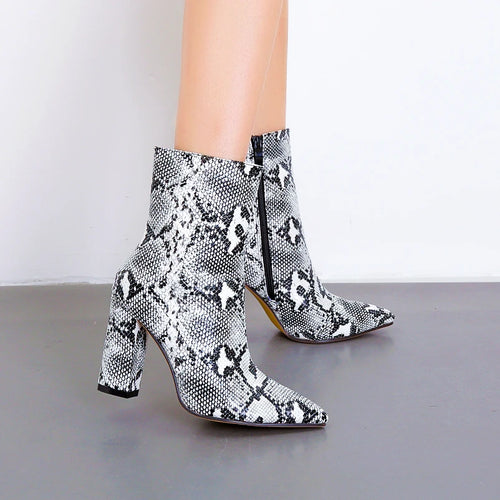 Women Snakeskin Boots Block Square Heels