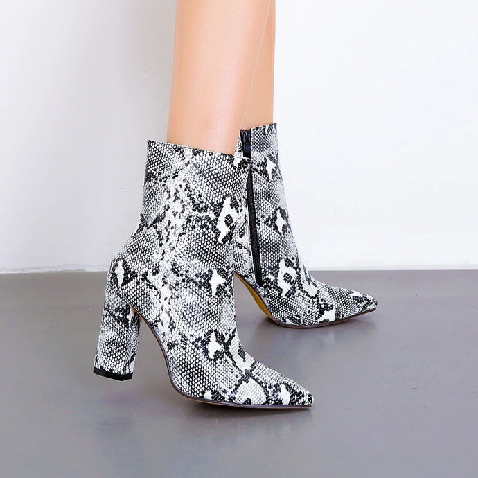 Women Snakeskin Boots Block Square Heels