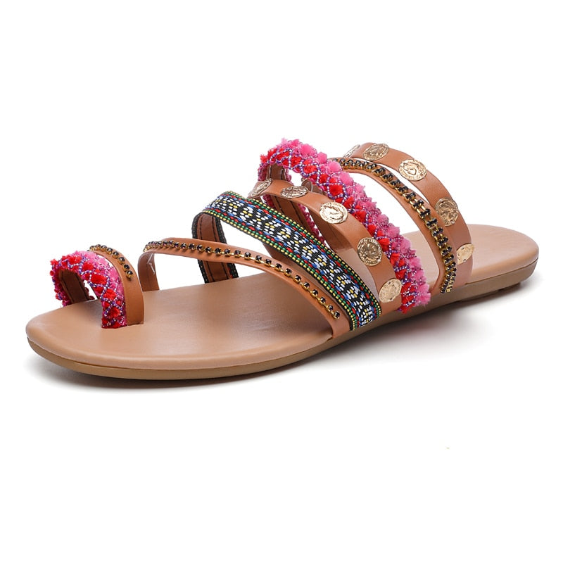 Greek Leather Sandals Hot Pink Pom Poms Boho - Lindos Art Gallery