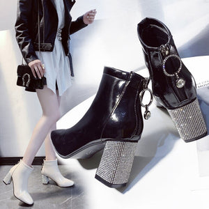 Rhinestone Chunky Heel Ankle Boots