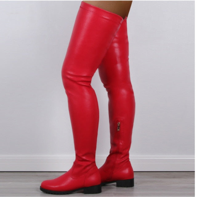 Comfy Low-Heel Black Thigh-High Boots